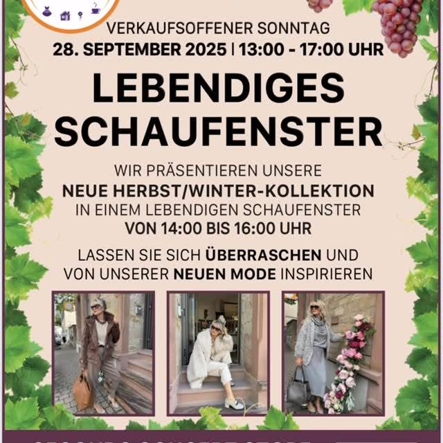 ✨ Lebendiges Schaufenster in Freinsheim ✨

Am verkaufsoffenen Sonntag, den 28. September 2025 ist es soweit!
Von 13:00 – 17:00 Uhr öffnen wir unsere Türen im SECONDS Concept Store für euch.

Zwischen 14:00 – 16:00 Uhr präsentieren wir unsere neue Herbst/Winter-Kollektion in einem ganz besonderen leb